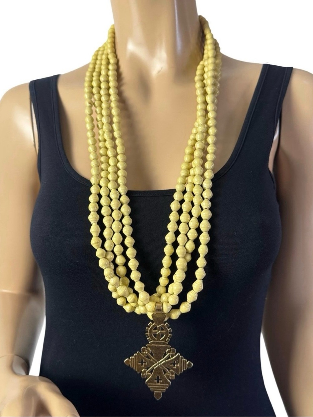 Vintage Multi Strand Paper Bead Necklace Brass Ethiopian Cross Pendant